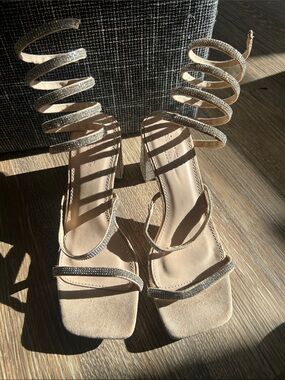 Spiral Wrap Strappy High Heel Sandals in Beige